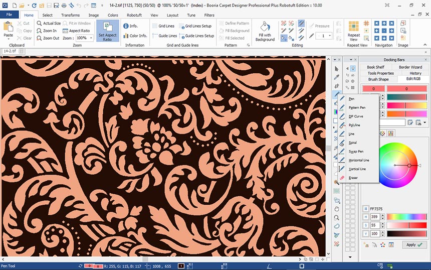 Designing various flower motifs via modern software for handmade rug production.